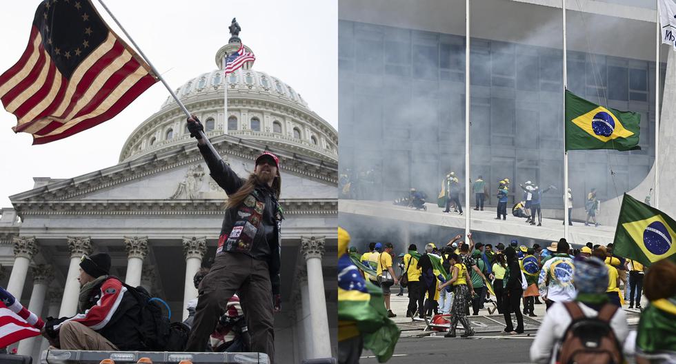 Combo de fotografías que muestra, a la izquierda, el asalto al Capitolio de Estados Unidos el 6 de enero de 2021 y la toma de hoy por parte de manifestantes bolsonaristas de los tres poderes del Estado en Brasil. (EFE).