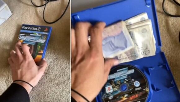 En esta imagen se aprecia el momento en que un hombre encuentra más de mil dólares dentro de la caja de un videojuego de PlayStation 2. (Foto: @djlimited / TikTok)