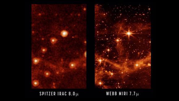 Comparativa de la misma imagen tomada por el retirado telescopio Spitzer y por el nuevo James Webb.