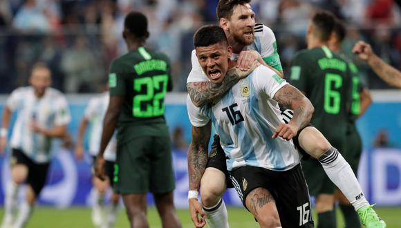 Sobre el final del Argentina vs. Nigeria, por la última fecha del Mundial Rusia 2018, apareció Marcos Rojo para poner adelante a la Albiceleste con una gran volea. (Foto: Reuters)