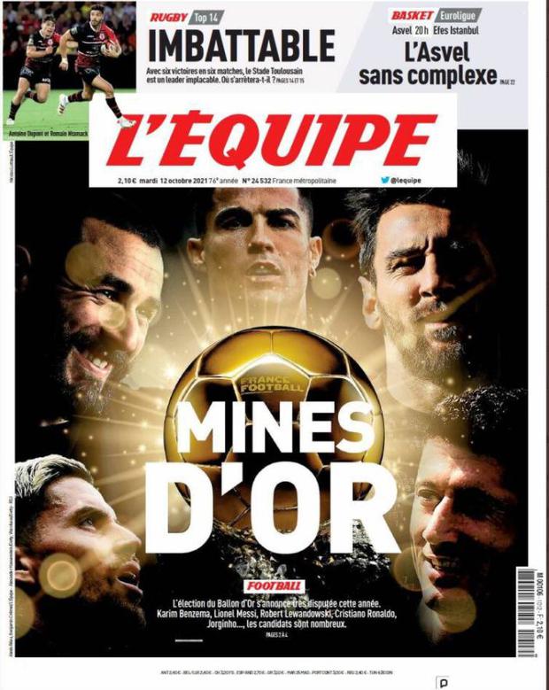 Front page of the French newspaper L'Equipe with the five main candidates for the 2021 Ballon d'Or. 