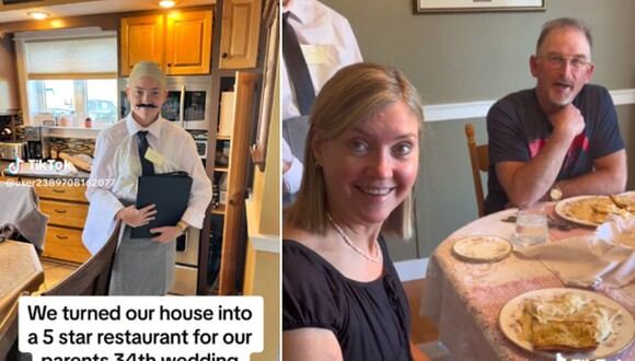 En esta imagen se aprecia cómo es que unas hermanas ‘convirtieron’ su casa en un restaurante de lujo por el aniversario de bodas de sus padres. (Foto: @user2389708162077 / TikTok)