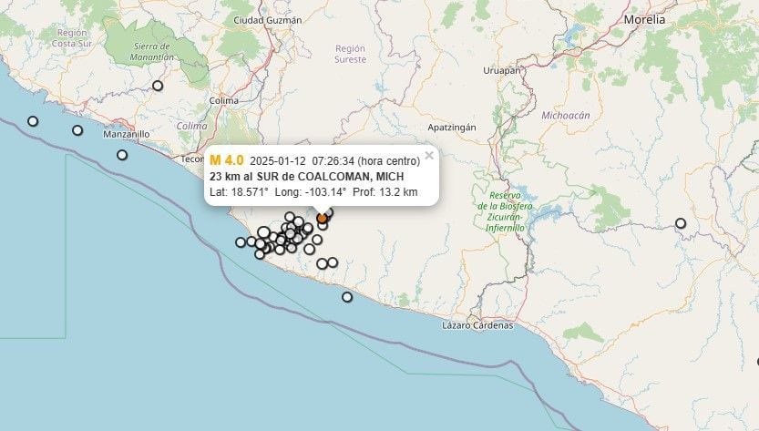 Referencia geográfica del sismo a 23 km al SUR de COALCOMAN.