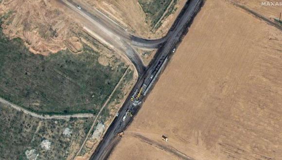 Imagen satelital de la frontera de Egipto con Gaza. (MAXAR TECHNOLOGIES).