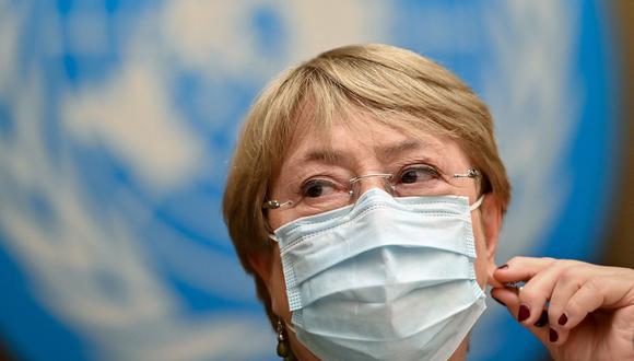 La Alta Comisionada de las Naciones Unidas para los Derechos Humanos, Michelle Bachelet, pronuncia un discurso en Ginebra, el 21 de junio de 2021. (Fabrice COFFRINI / AFP).