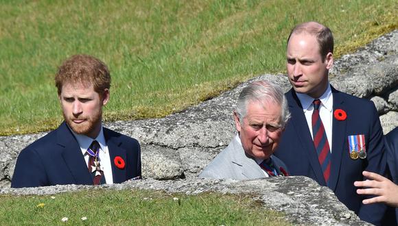 El príncipe Harry (izq), su padre el rey Carlos II y su hermano el príncipe Guillermo visitan el Canadian National Vimy Memorial cerca de Arras, norte de Francia, el 9 de abril de 2017. (REUTERS/Philippe Huguen/POOL).