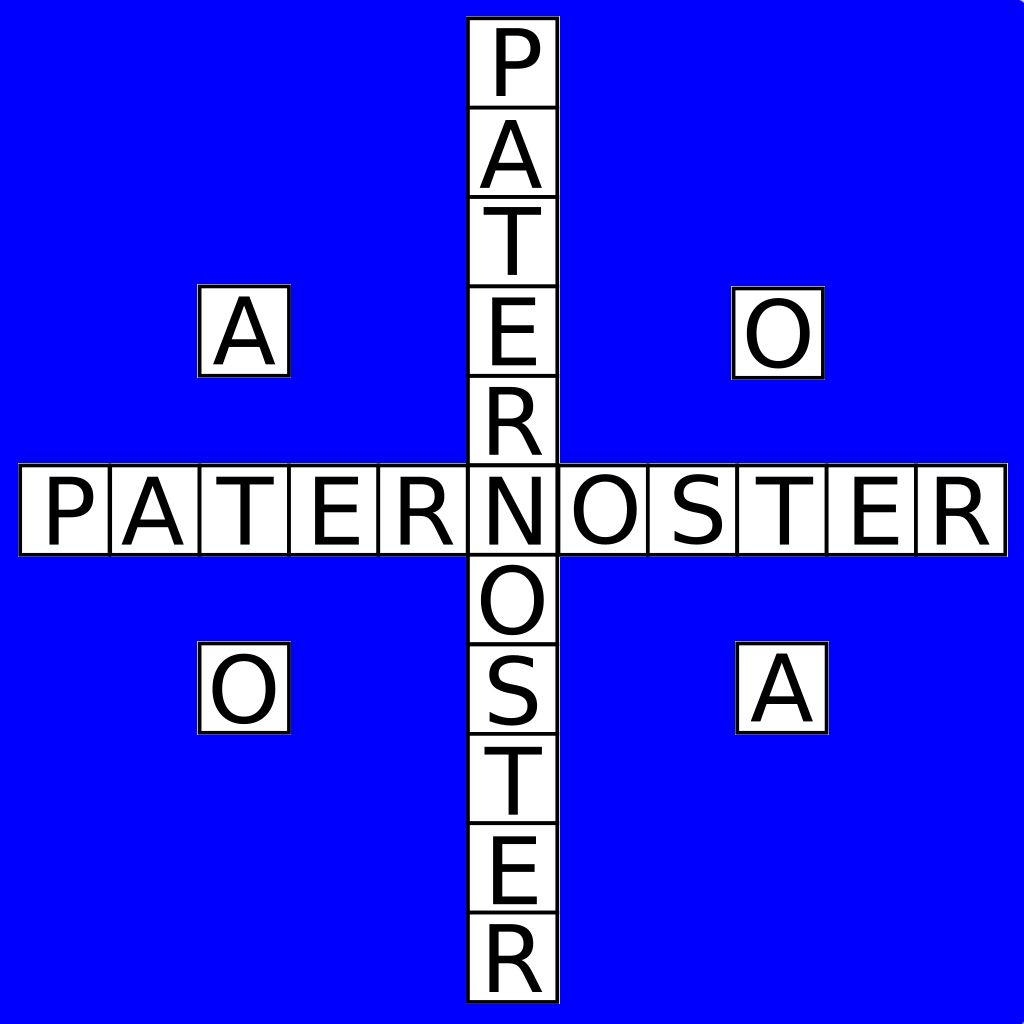 Horizontal and vertical paternoster forming a cross that intersects at the N and the letters A and O repeated on each side.