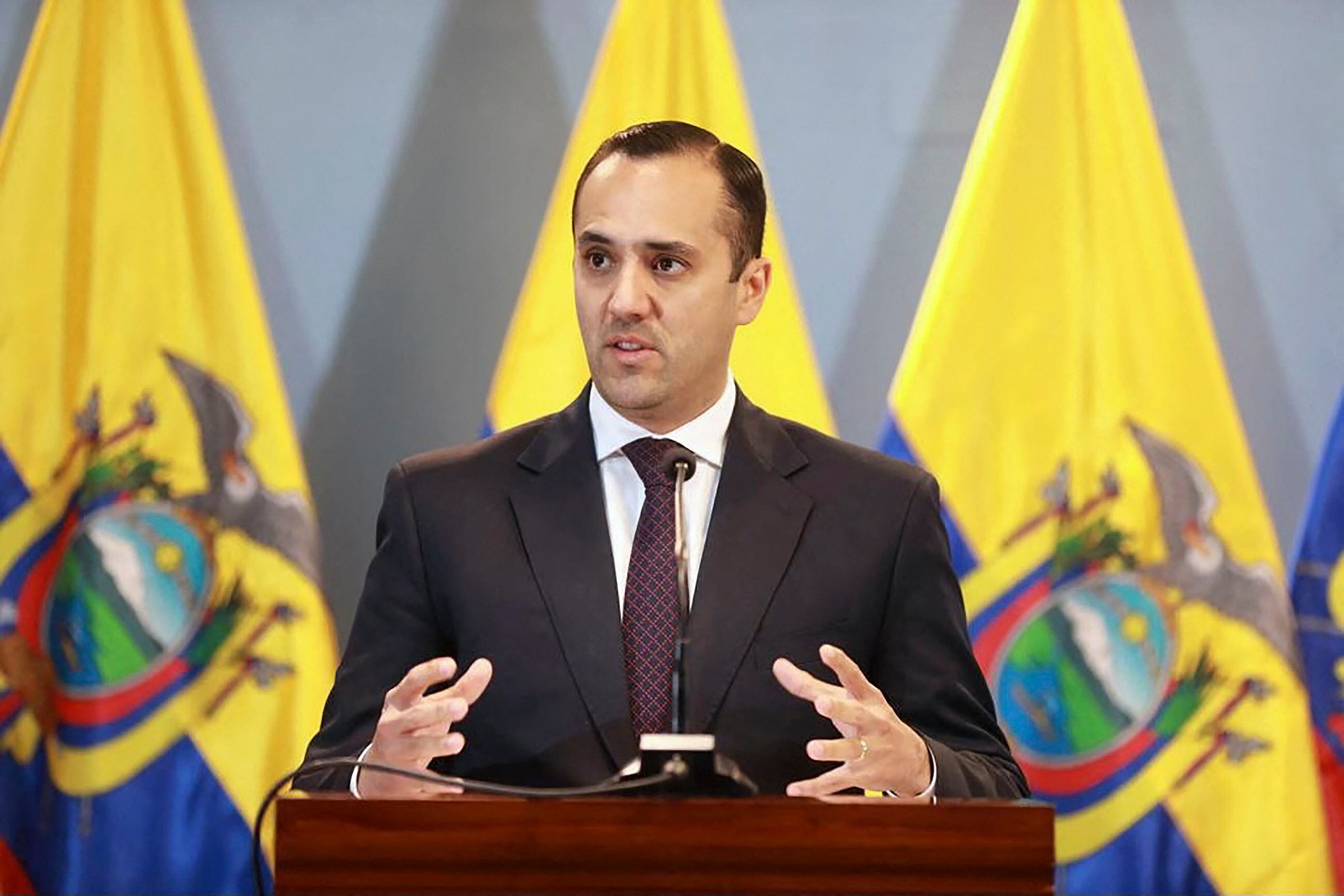 Ecuador's Foreign Minister Juan Carlos Holguín speaks during a press conference in Quito on March 14, 2023. (AFP).
