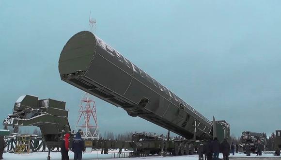 El lanzamiento del misil balístico Sarmat que fue presentado en rueda de prensa por el presidente ruso, Vladimir Putin en marco del 2018. (EFE).