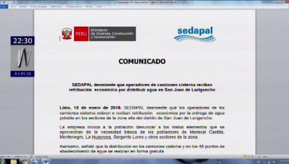 Tras el reclamo de algunos vecinos de San Juan de Lurigancho, Sedapal se pronunció mediante un comunicado. (Foto: Canal N)