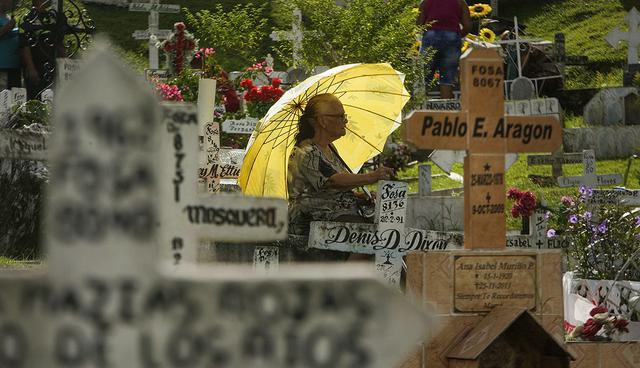 A woman uses an umbrella to shade herself from the sun during a visit to the Pueblo Nuevo cemetery on Day of the Dead in Panama City, Thursday, Nov. 2, 2017.  Families gather at the graves of their departed relatives at this time of the year to remember and honor their departed friends and relatives. (AP Photo/Arnulfo Franco)