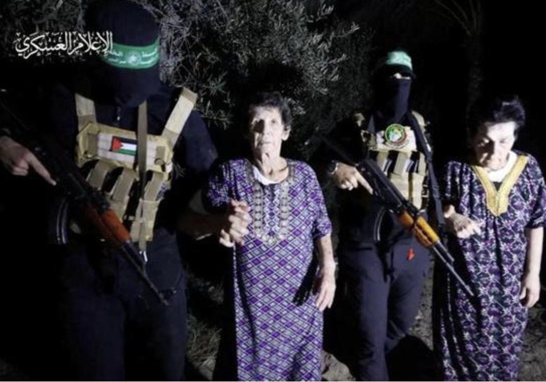 Hostages Nurit Yitzhak and Yochved Lifshitz were released by Hamas.  (Video capture).