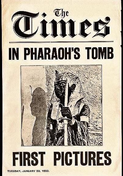 Front page of The London Times published in January 1923 about the discovery of the pharaoh's tomb.  Carter and the British newspaper signed an exclusivity contract for 5 thousand pounds sterling at the time. 