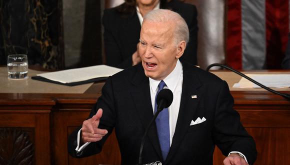 El presidente de los Estados Unidos, Joe Biden, pronuncia el discurso sobre el Estado de la Unión en la Cámara de Representantes del Capitolio de los Estados Unidos en Washington, DC, el 7 de marzo de 2024. (Foto de Mandel NGAN / AFP)