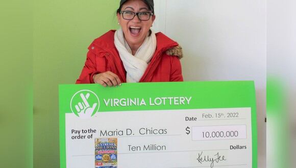 María Chicas ganó 10 millones de dólares en la lotería con un boleto que su esposo le regaló por el Día de San Valentín. (Foto: Virginia Lottery)