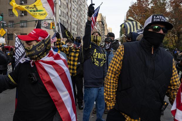 Members of the Proud Boys march during a protest against the COVID-19 vaccine as part of a 'Global Movement for Freedom', in New York on November 20, 2021. (Photo: AFP)