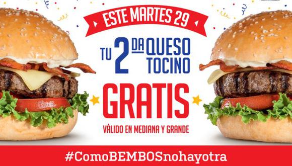 Bembos: regala segunda hamburguesa gratis este 29 de noviembre