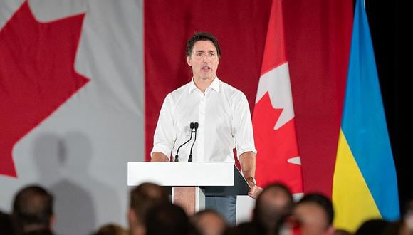 El primer ministro de Canadá, Justin Trudeau, habla durante un evento con la comunidad ucraniano-canadiense en Toronto, Ontario, Canadá, el 22 de septiembre de 2023. (Foto de Geoff Robins / AFP)