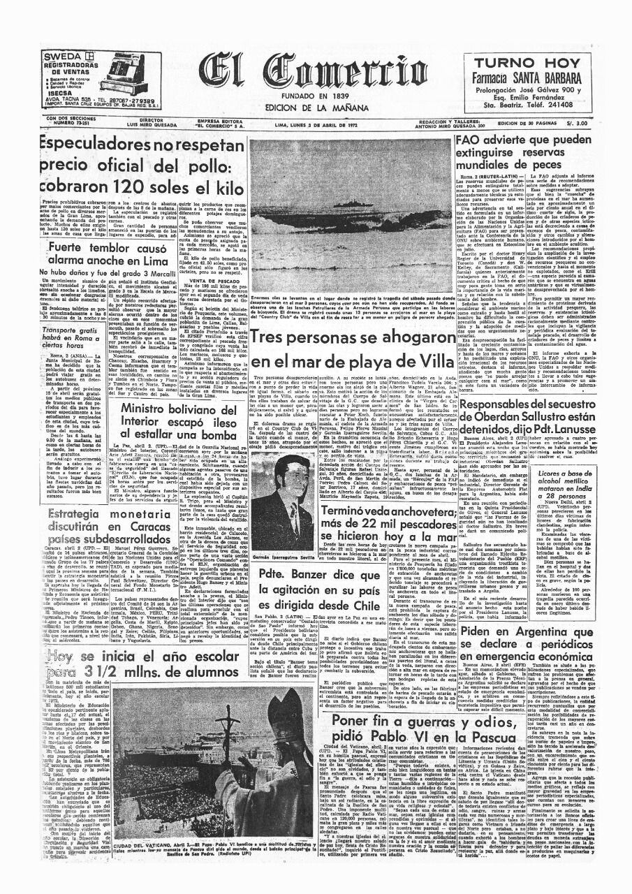 La portada de El Comercio del 3 de abril de 1972. FOTO: Archivo Histórico El Comercio.