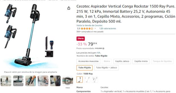 Aspirador vertical Cecotec Conga Rockstar 1500 Ray Pure 3 en 1 215W 12kPa  con accesorios negro