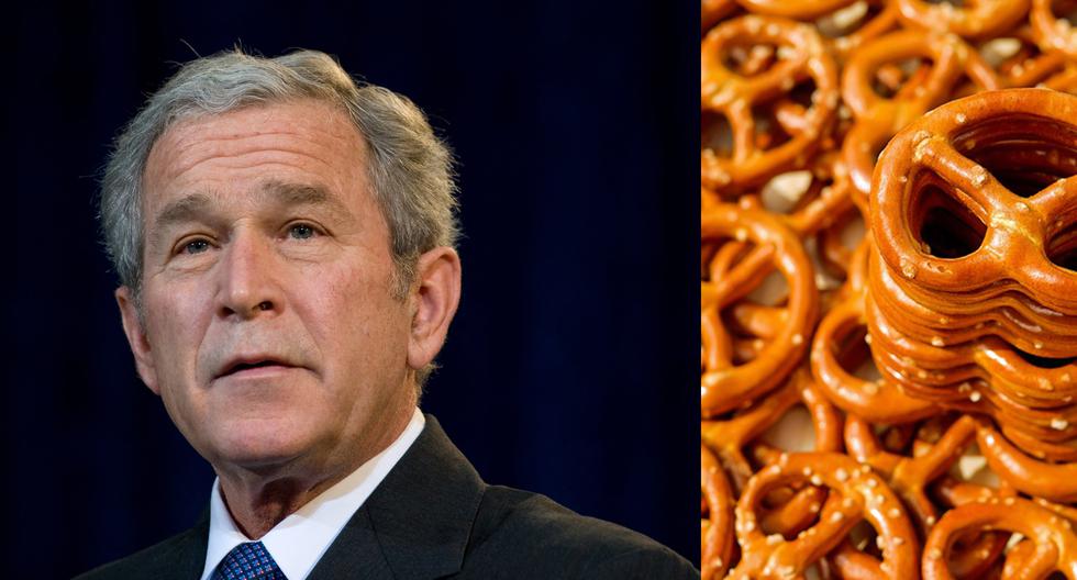 Imagen del ex presidente de los EE.UU. George W. Bush. Al lado, los pretzels (salty snack), un tipo de galleta salada que lo puso en jaque hace 20 años. (Foto AFP).