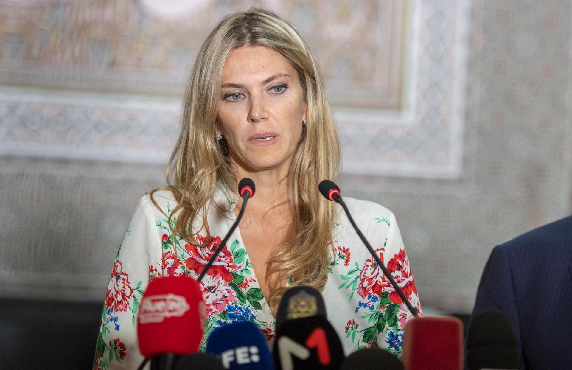 The Vice President of the European Parliament, Eva Kaili, holds a press conference in Rabat, Morocco, on October 10, 2022. (EFE/EPA/JALAL MORCHIDI).