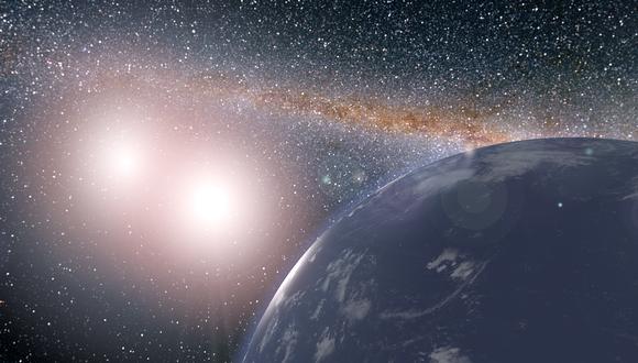 Ilustración de un planeta con dos estrellas en su cielo. (Imagen: NASA/JPL-Caltech)