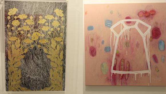 De izquierda a derecha, piezas de arte elaboradas respectivamente por Carmen Reátegui y Carolina García; ambas presentes en la feria "etc..." de la Galería Wu en Barranco.