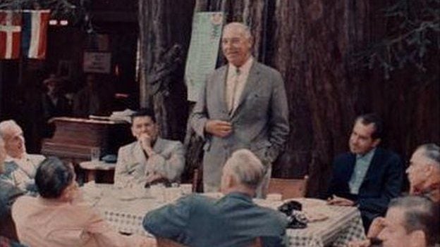 Members of the Bohemian Grove in 1967, including Ronald Reagan, Harvey Hancock, and Richard Nixon.  (Wikimedia Commons).