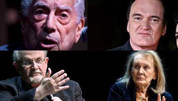 En sentido horario Mario Vargas Llosa, Quentin Tarantino, Annie Ernaux y Salman Rushdie; que lanzan libros nuevos en 2023.