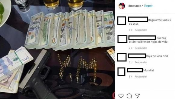 En la cuenta de Instagram 'dmasacre' eran comunes las fotografías de armas y dinero. (Instagram).