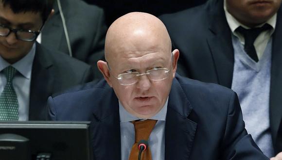 El embajador ruso ante la ONU, Vasili Nebenzia, durante una sesión del Consejo de Seguridad de las Naciones Unidas. (Foto de Richard Drew / AP)