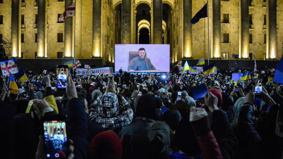 Some 30,000 Georgians listened to Ukrainian President Vlododymyr Zelensky during a massive protest.