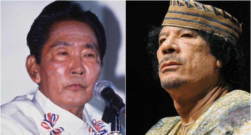 De izquierda a derecha, Ferdinand Marcos y Muamar Gadafi, quienes instauraron dos dictaduras en Filipinas y Libia por 14 y 42 años respectivamente. Sus hijos han anunciado su candidatura para la presidencia de sus países en los comicios a realizarse en los próximos meses. (Foto: AFP)