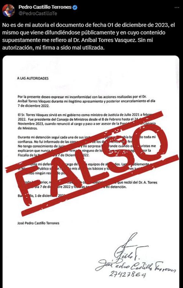 Desde la cuenta de Twitter de Pedro Castillo se negó la carta que descalificaba a Aníbal Torres