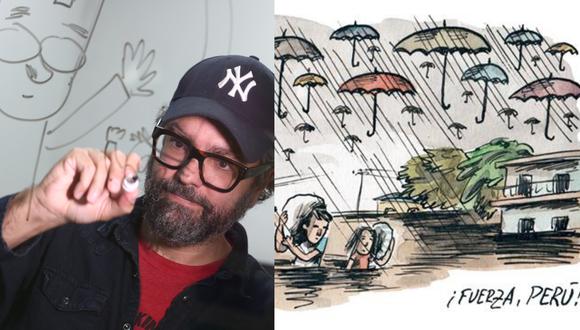 A la izquierda, Liniers en una visita a la redacción de El Comercio. A la derecha, la ilustración que hizo para expresar solidaridad con los damnificados por las lluvias de Perú en 2017. Este 2020, su participación en la Feria Internacional del Libro será virtual. Fotos: Alessandro Currarino para El Comercio/ Liniers.