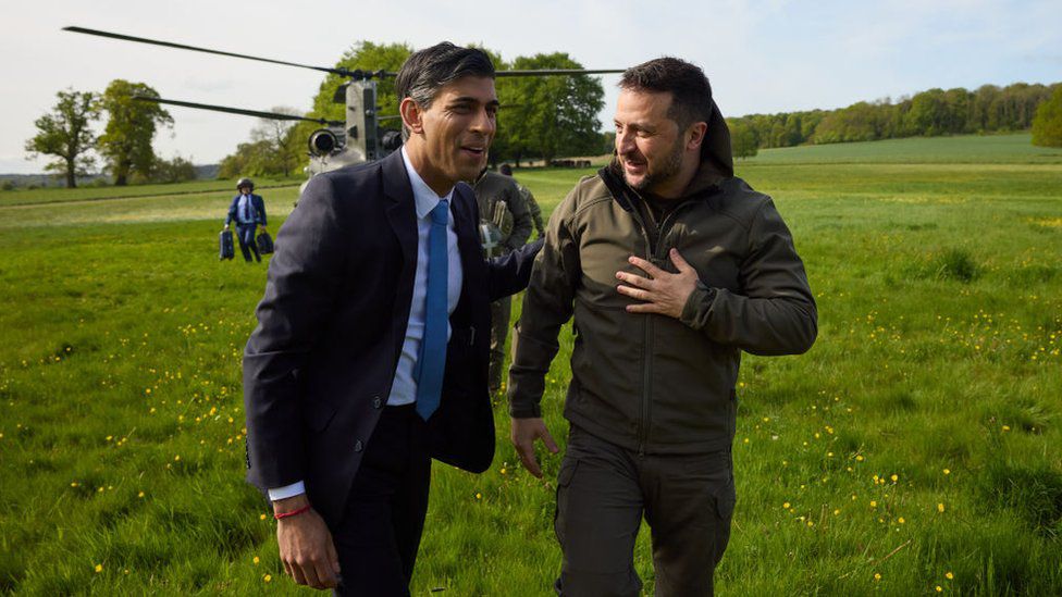 President Zelensky, here with British Prime Minister Rishi Sunak (left) is touring Europe seeking more military support.  (GETTY IMAGES).