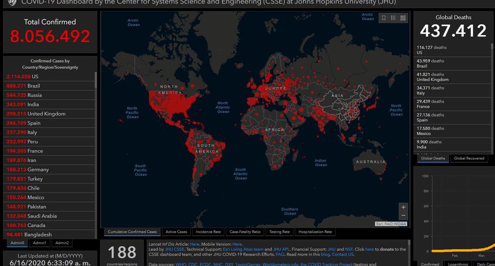Mapa del coronavirus Covid-19 en el mundo en tiempo real hoy martes 16 de junio: contagiados y muertos. (Johns Hopkins University).