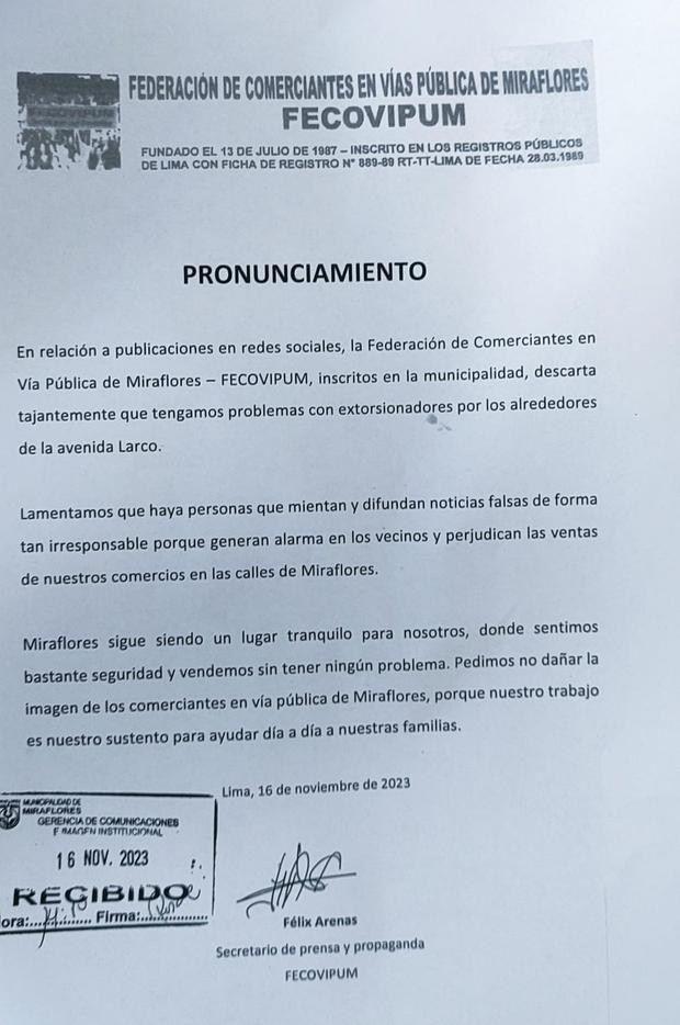 A statement issued by the Federation of Merchants on Public Roads in Miraflores said they were not victims of extortion.  Photo: Sources from El Comercio