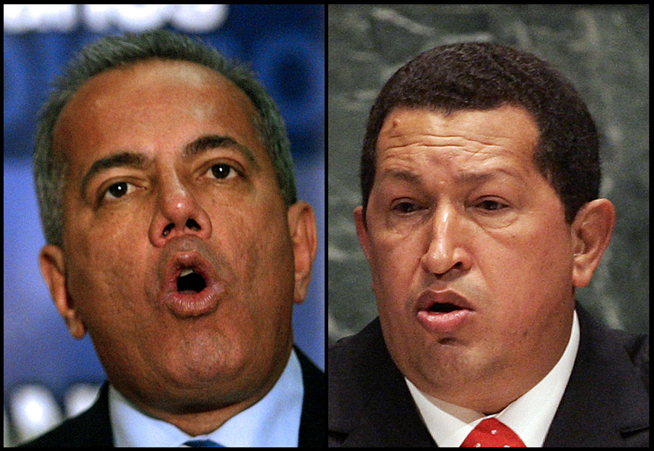Manuel Rosales and Hugo Chávez in images from 2006. (TIMOTHY A. CLARY/AFP).