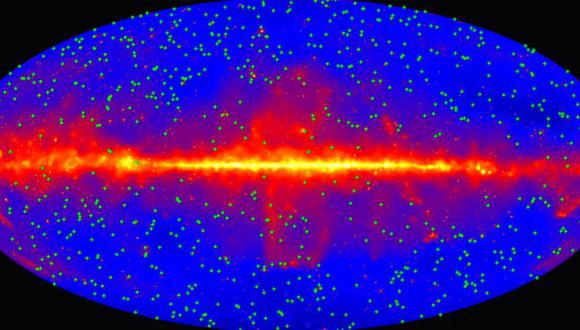 Para calcular toda la luz de las estrellas, los astrónomos estudiaron las radiaciones provenientes de más de 700 blazares (galaxias con un agujero negro supermasivo en su centro). En la imagen, los blazares están representados por puntos verdes y en el centro puede verse el plano de la Via Láctea. (Foto: NASA)