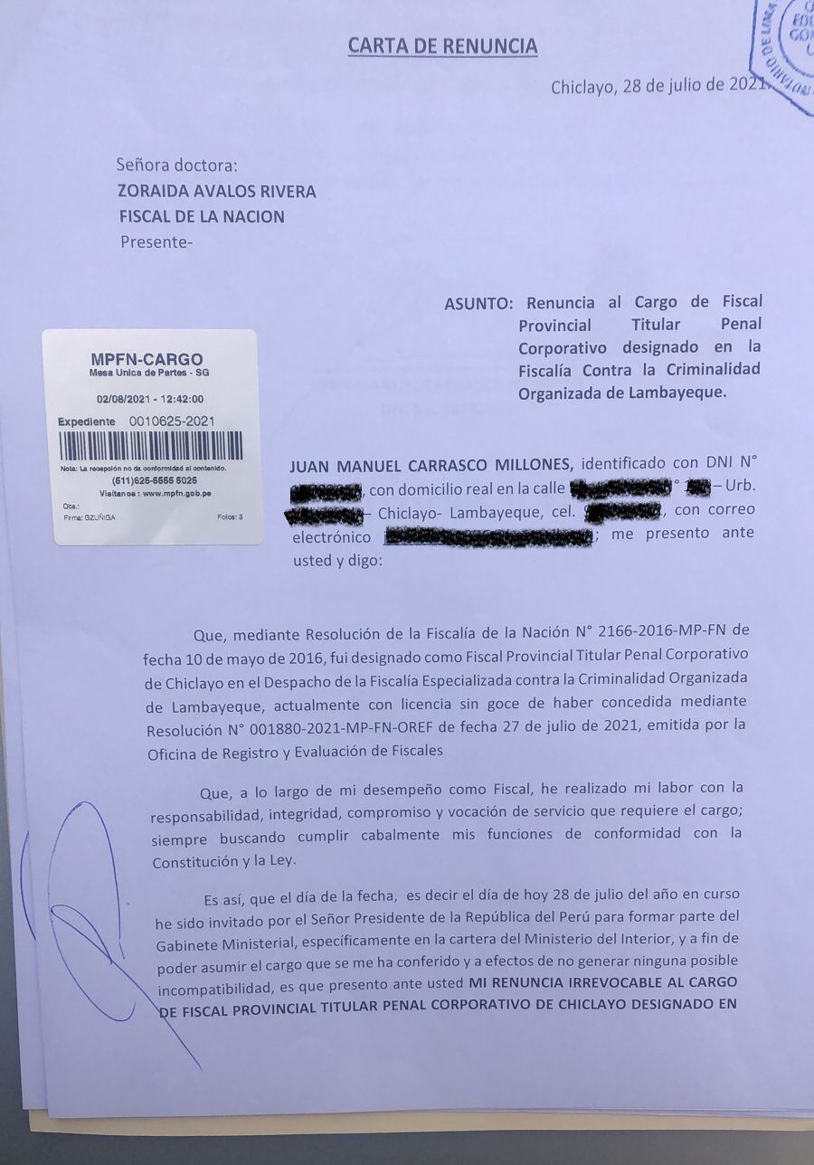 Carta de renuncia al Ministerio Público