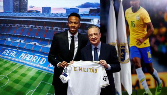 Eder Militao posa con la camiseta de Real Madrid junto al presidente Florentino Pérez. (Foto: Reuters)