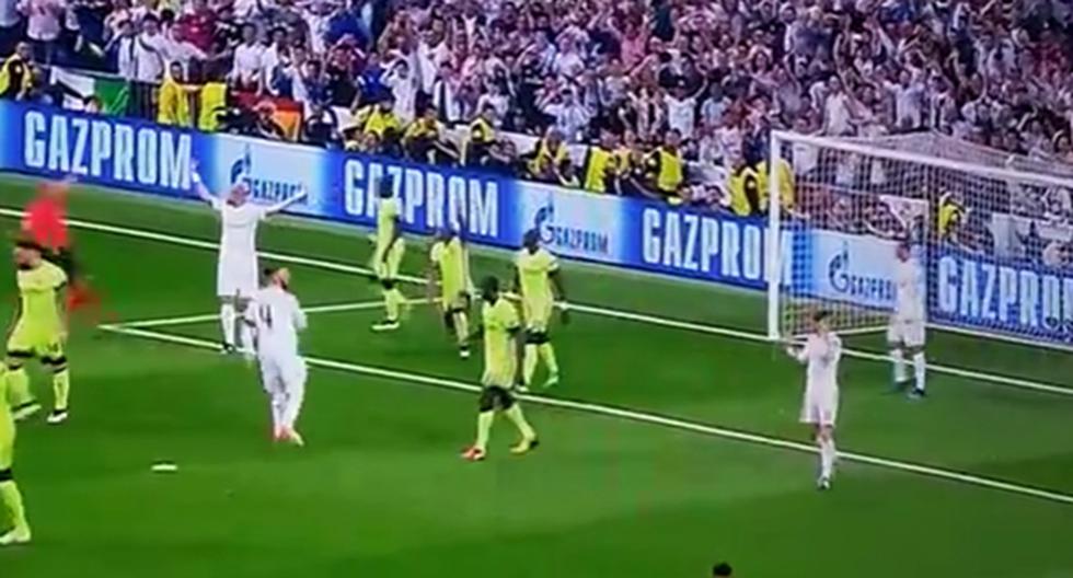Sergio Ramos celebraba el 2-0 del Real Madrid ante Manchester City, pero el árbitro anuló la jugada y los merengues se quedaron con las ansias de festejar (Foto: Captura - Video)