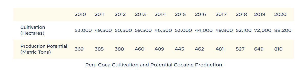 Detalle de las cifras sobre hectáreas cultivadas de coca y la producción potencial de cocaína en Perú