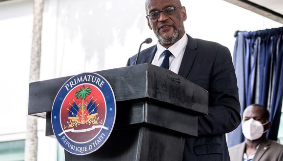 El primer ministro de Haití, Ariel Henry, habla durante una ceremonia en Puerto Príncipe el 20 de julio de 2021. (VALERIE BAERISWYL / AFP).