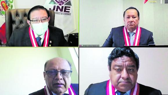 Miembros del pleno del JNE escucharon argumentos de los abogados de Perú Libre y Fuerza Popular. (Imagen: JNE)