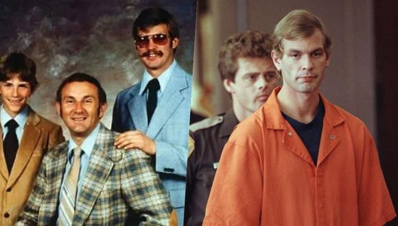 (Izquierda) David Dahmer, su papá Lionel Dahmer, y Jeffrey Dahmer, Foto: YouTube/Familia Dahmer (Derecha) El asesino serial en 1992, año en qiue fue juzgado por sus asesinatos.