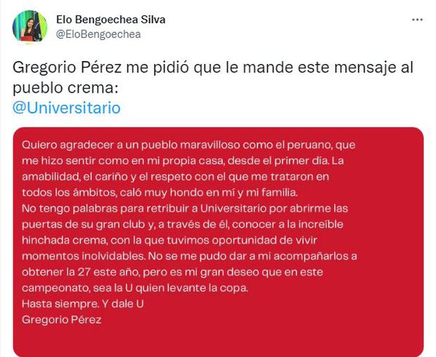 El mensaje de Gregorio Pérez a Universitario de Deportes. (Foto: Captura)