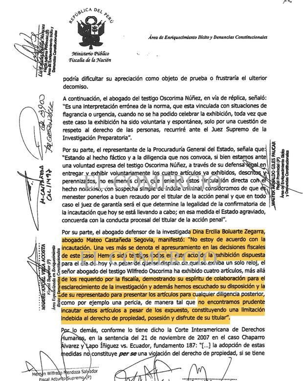 Según el acta fiscal, el abogado de Dina Boluarte se opuso a la incautación de los Rolex y una pulsera de diamantes presentados por Wilfredo Oscorima.
